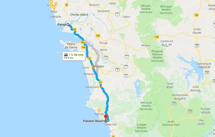 Panjim to Palolem map