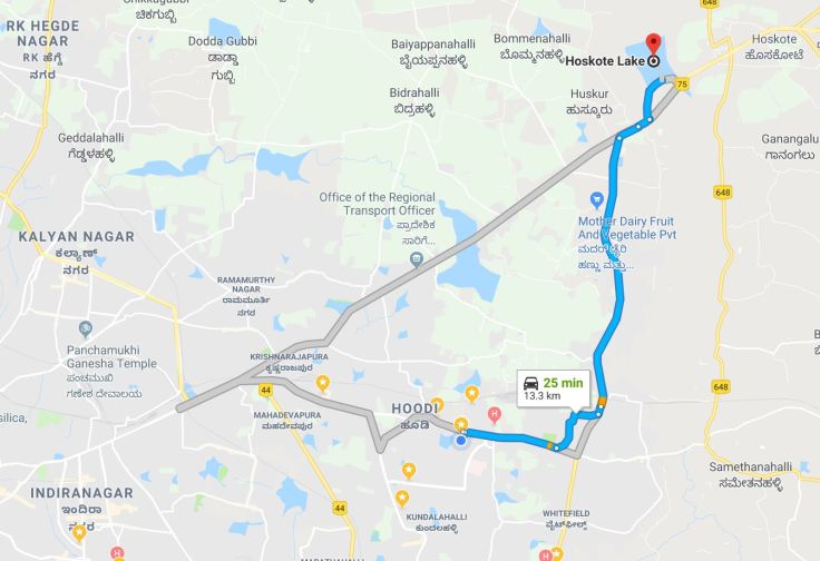 Route map from ITPL road to Hoskote Lake